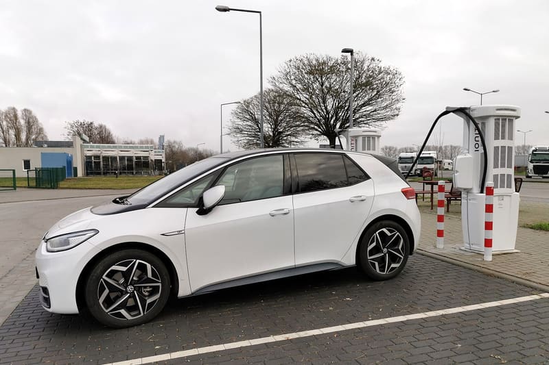 Electric cars charging at a public charging point in Ireland